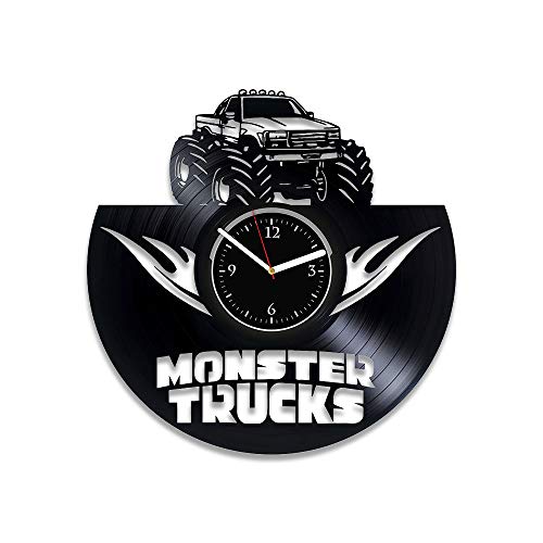 Clock Monster Trucks Vinyl Schallplattenuhr Auto Wanduhr Monstertruck Xmas Idee Auto Uhr Monster Trucks Geburtstag für Jungen Monster Trucks Wanduhr Groß für Mann von Kovides