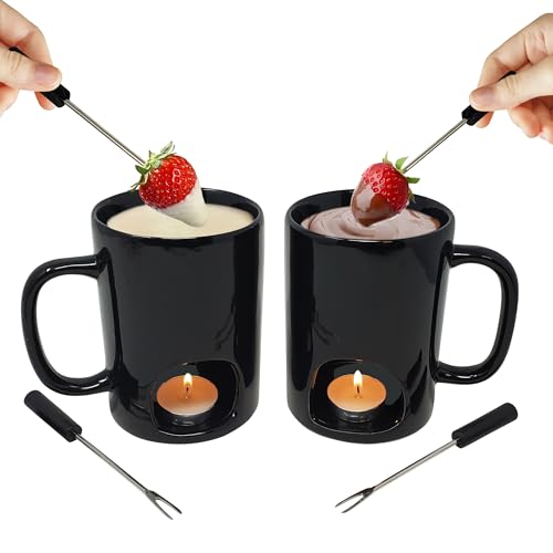 Kovot Persönliche Fonduetassen, 2er-Set, Keramikbecher für Schokolade oder Käse, inklusive Gabeln und Teelichtern, doppelt belüftet, Schwarz von Kovot