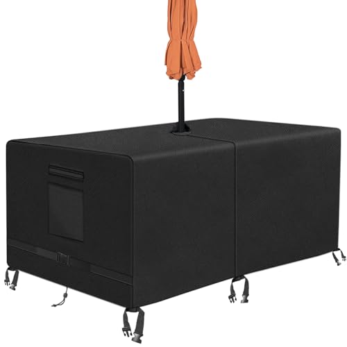 Kovshuiwe Square Patio Tischabdeckung mit Regenschirm Loch Heavy Duty wasserdicht 600D Oxford Stoff im Freien Rasen Patio Möbel Abdeckung (274x208x60cm) von Kovshuiwe