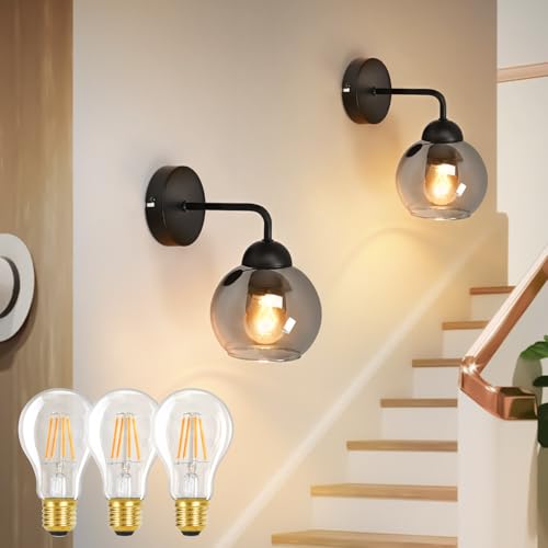 Kowanie 2er Wandlampe innen Vintage Wandleuchte E27: Wandbeleuchtung Wohnzimmer aus Glas Schwarz Flurlampe Wand inkl. 3 × 4W 2700 K Leuchtmittel Kugel Bettlampe für Schlafzimmer Küche von Kowanie
