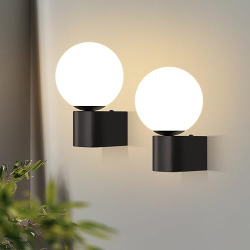 Kowanie 2er Wandleuchte Vintage Wandlampe Badezimmer: innen Wandbeleuchtung Weiß Glaskugel Retro Schwarz Flurlampe Wand rund Wandstrahler G9 Max. 40W für Schlafzimmer Wohnzimmer (Ohne Leuchtmittel) von Kowanie