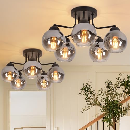 Kowanie Deckenlampe Glas Deckenleuchte Wohnzimmer Vintage: 2er Set Schwarz Wohnzimmerlampe 5 flammig Rauchgrau aus Metall Industrial E27 Retro Küchenlampe für Schlafzimmer - Ohne Leuchtmittel von Kowanie