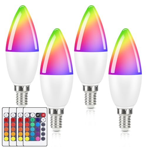 Kowanie E14 LED Warmweiss Glühbirne RGB - 4 Stück RGB Farbwechsel Kerzen Lampe 4W Leuchtmittel Dimmbar mit Fernbedienung 3000K Farbige Edison Birne Glühlampe Deko für Cafe Bar KTV von Kowanie
