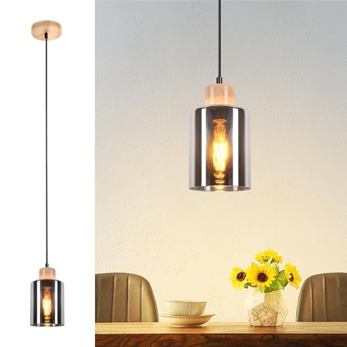 Kowanie Hängelampe esstisch Holz Pendelleuchte Vintage: Esszimmerlampe hängend Rauchglas E27 Esstischlampe im industrial style Schlafzimmer Hängeleuchte für Wohnzimmer Esszimmer - Ohne Leuchtmittel von Kowanie