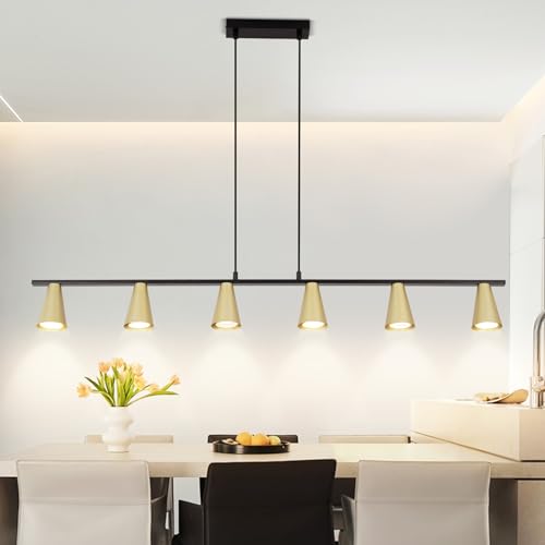 Kowanie Hängelampe esstisch Pendelleuchte GU10: Esszimmerlampe 6 Flammig in Schwarz Gold modern Esstischlampe hängend Metall Hängeleuchte lang Industrial Pendellampe für Esszimmer - Ohne Leuchtmittel von Kowanie