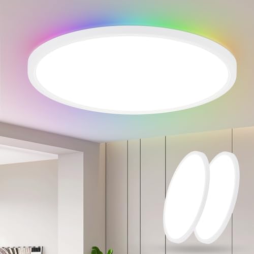 Kowanie LED Deckenleuchte Dimmbar Deckenlampe Wohnzimmer - Farbwechsel Wohnzimmerlampe Rund 24W Lampe Schlafzimmer Decke mit Fernbedienung Schlafzimmerlampe Küchenlampe IP44 Badezimmer Lampe 2Set von Kowanie