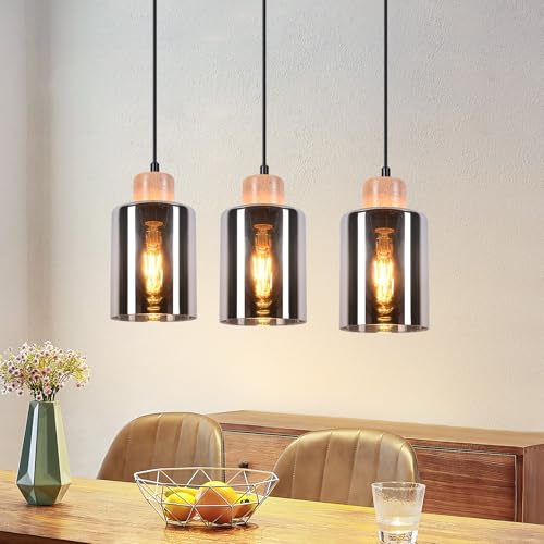 Kowanie Pendelleuchte esstisch 3 flammig: Hängelampe Holz E27 Esstischlampe hängend Rauchglas Vintage Esszimmerlampe aus Glas Industrial Küche Hängeleuchte für Esszimmer Wohnzimmer - Ohne Leuchtmittel von Kowanie