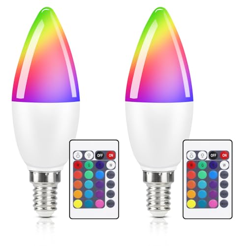 Kowanie RGB LED Lampe Glühbirne E14-2 Stück Farbwechsel Kerzen Lampe 4W LED Leuchtmittel Dimmbar mit Fernbedienung 3000K Warmweiss Farbige Birne Edison Light Bulb - 15 Farbe 4 Dynamic Modes von Kowanie