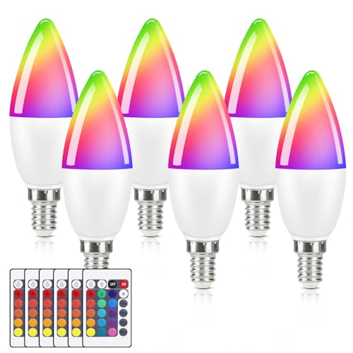 Kowanie RGB LED Lampe Glühbirne E14 - Farbwechsel Kerzen Lampe 4W LED Leuchtmittel Dimmbar mit Fernbedienung 3000K Warmweiss Farbige Birne Edison Light Bulb - 6 Stück von Kowanie
