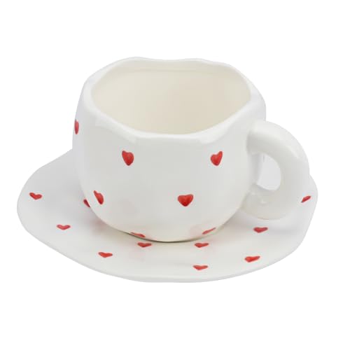Koythin Kaffeetasse aus Keramik mit Untertasse, süße rote Herztasse für Frauen für Büro und Zuhause, Paarbecher für Freundinnen, 300 ml für Latte Tee Milch (kleines rotes Herz) von Koythin