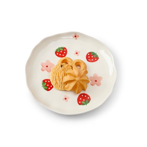 Koythin Keramik Dessertteller, niedliche Früchte Speiseteller, bedruckte Blumen Geschirr für Büro und Zuhause, Küchenteller für Desserts (Erdbeere) von Koythin