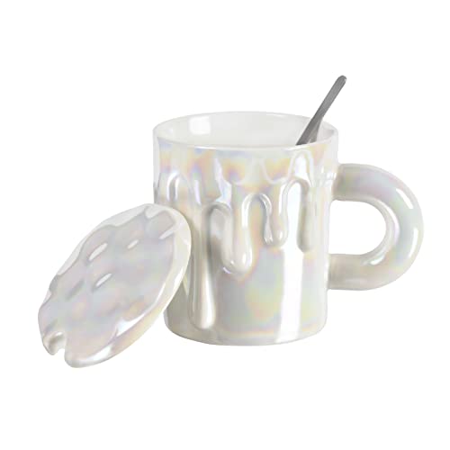 Koythin Keramik-Kaffeetasse, Perlglasur, kreative Schmelztasse mit Deckellöffel für Büro und Zuhause, spülmaschinen- und mikrowellengeeignet, 12 oz/350ml für Latte Tee Milch (Perlweiß) von Koythin