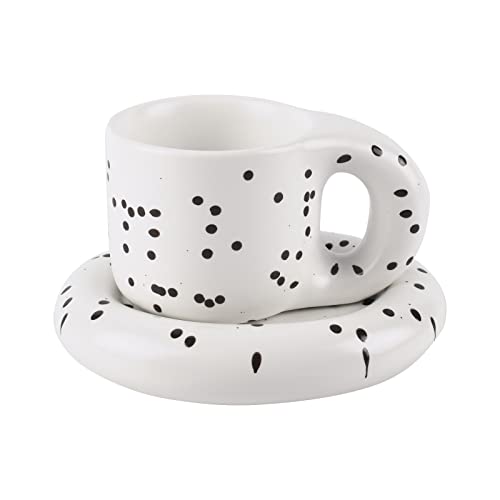 Koythin Keramik-Kaffeetasse, kreative niedliche Fettgriff-Tasse mit Untertasse für Büro und Zuhause, spülmaschinen- und mikrowellengeeignet, 250 ml für Latte Tee Milch (Dot Black) von Koythin