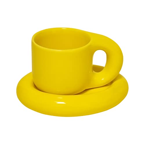 Koythin Keramik-Kaffeetasse, kreative niedliche Fettgriff-Tasse mit Untertasse für Büro und Zuhause, spülmaschinen- und mikrowellengeeignet, 250 ml für Latte Tee Milch (Hellgelb) von Koythin