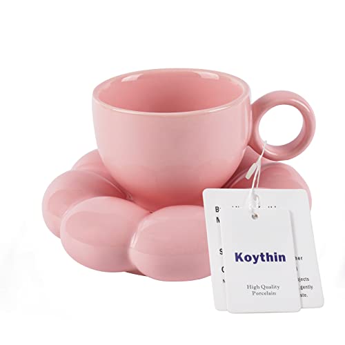 Koythin Keramik-Kaffeetasse, kreative niedliche Tasse mit Sonnenblumen-Untersetzer für Büro und Zuhause, spülmaschinen- und mikrowellengeeignet, 200 ml für Tee Latte Milch (Pfirsichrosa) von Koythin