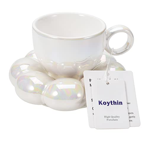 Koythin Keramik-Kaffeetasse, kreative süße Tasse mit Sonnenblumen-Untersetzer für Büro und Zuhause, 200 ml für Tee Latte Milch (Perlweiß) von Koythin