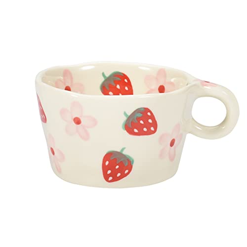 Koythin Keramik-Kaffeetasse, niedliches kreatives handbedrucktes Becher-Design für Büro und Zuhause, spülmaschinen- und mikrowellengeeignet, 200 ml für Latte-Tee-Milch (Erdbeeren und Blumen) von Koythin