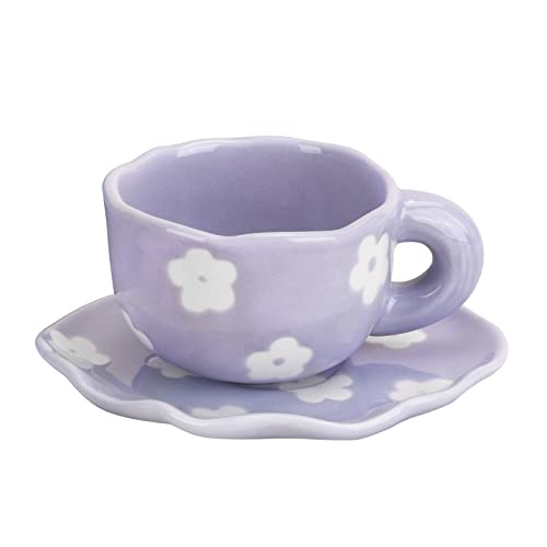 Koythin Keramik-Kaffeetasse mit Untertasse, niedlich, kreative Tasse, spülmaschinen- und mikrowellengeeignet, 180 ml für Latte Tee Milch (lila Blume) von Koythin