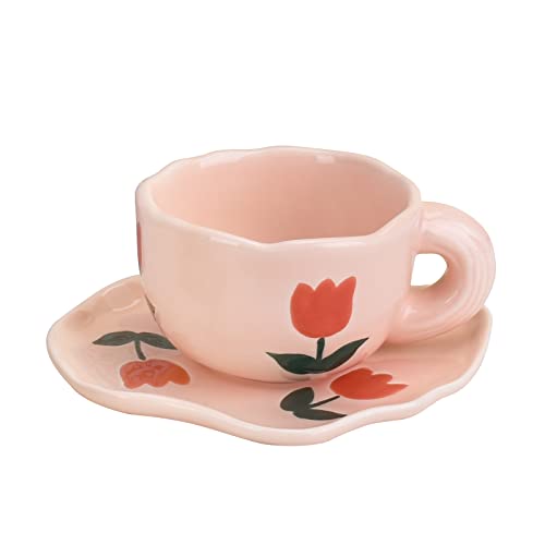 Koythin Keramik-Kaffeetasse mit Untertasse, niedlich, kreative Tasse, spülmaschinen- und mikrowellengeeignet, 180 ml für Latte Tee Milch (rosa Tulpen) von Koythin