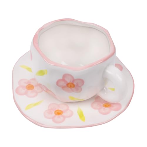 Koythin Keramik Kaffeetassen mit Untertassen Set, Süße Rosa Blumen Kaffeebecher für Frauen, Tasse für Büro und Zuhause, 10 oz/300 ml Tassen für Tee Latte Milch (Rosa Blumen) von Koythin