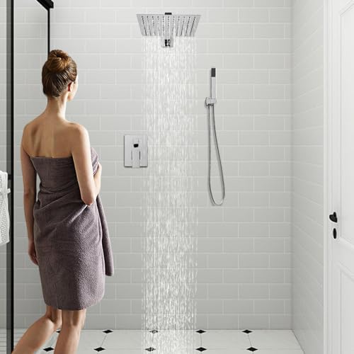 Duschsystem Unterputz | Regendusche Duschsystem | Duscharmatur, Duschset | Dusche Kopfbrause Anti-Verbrühungs-Duschsystem inkl. Handbrause,Messingkörper Silber von Kozivmo