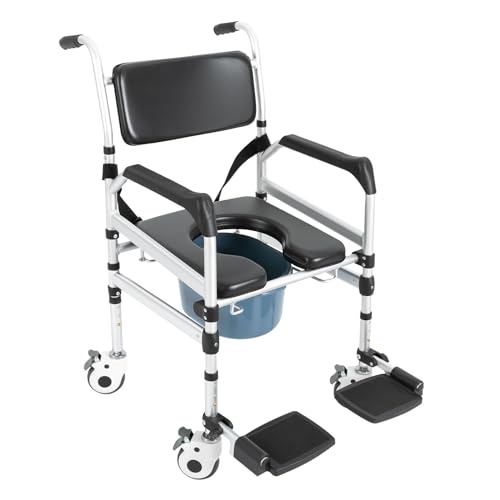 WC-Duschstuhl mit Rädern und klappbaren Füßen | 3-in-1 Duschstuhl Stuhl mit eingebauter Toilette | klappbarer Toilettenstuhl für ältere Menschen — Duschrollstuhl — Geriatrischer Badezimmerstuhl von Kozivmo