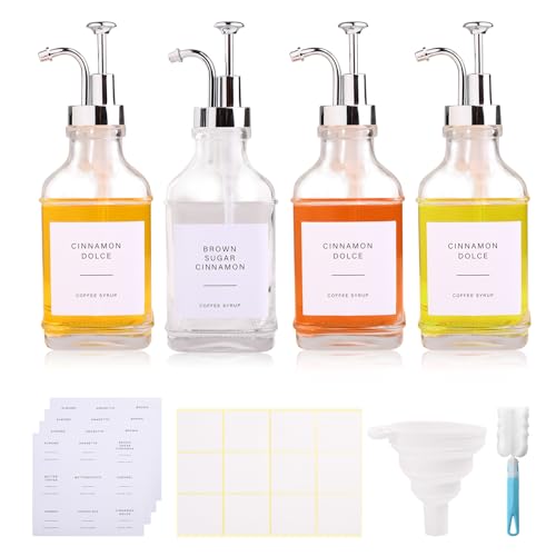 Kqpoinw Kaffee Sirup Spender Set, 4 x 16 oz Glas Ölflasche,Silber Pumpspender Sirup Essig Öl Flaschen, Ölspender mit Ausgießer für Sirup, Öl und Essigspender mit 84 Aufkleber und Trichter von Kqpoinw