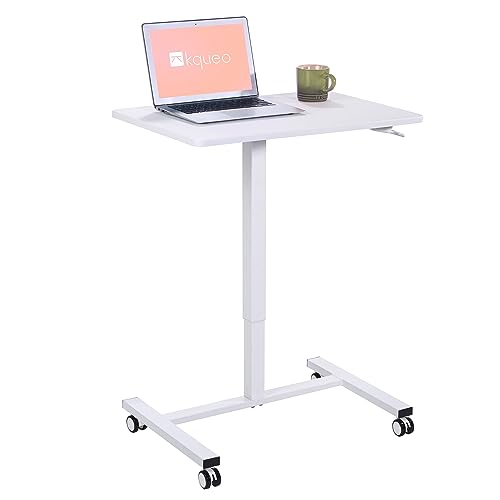 KQUEO Stehtisch mit Tablett 69 x 48 cm, Laptoptisch mit Rollen, höhenverstellbar von 71 bis 111 cm, pneumatische Druckfeder (weiß) von Kqueo