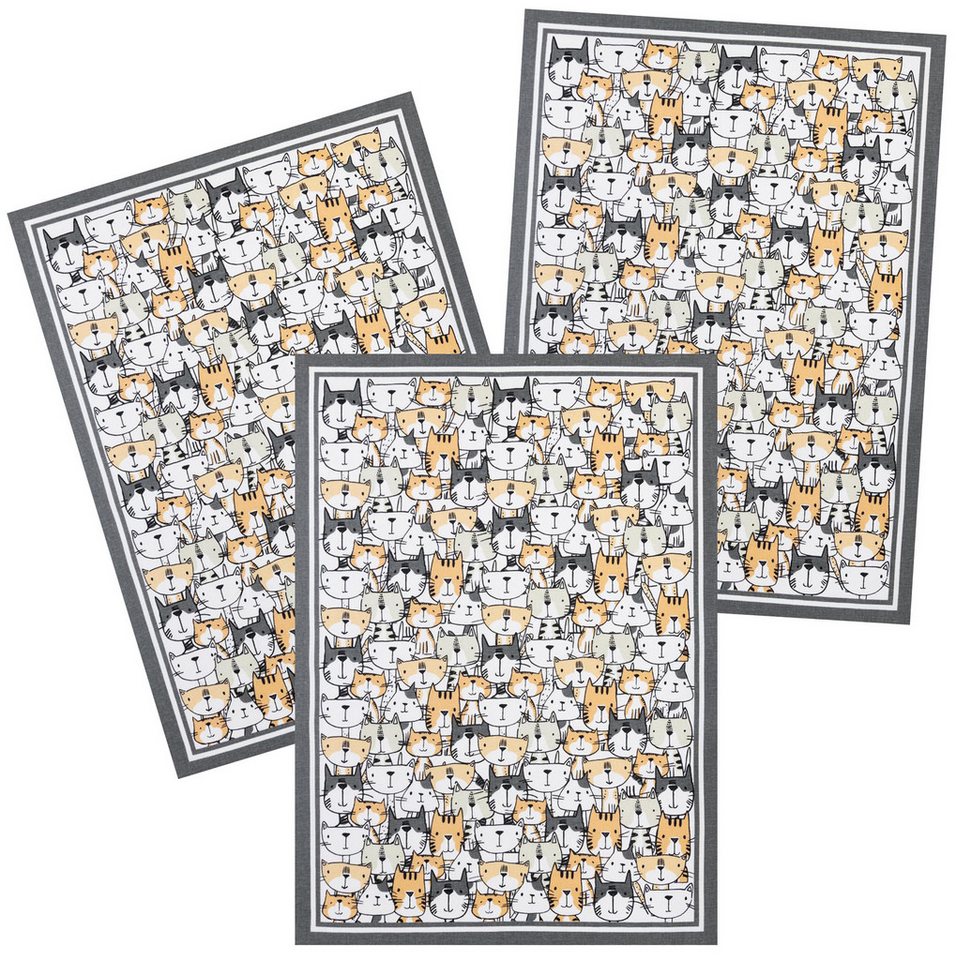 Kracht Geschirrtuch Kitcat, (3-tlg., 3-teilig), 3er Pack Geschirrtücher (3 Stück), ca. 50 x 70 cm, Halbleinen bedruckt von Kracht