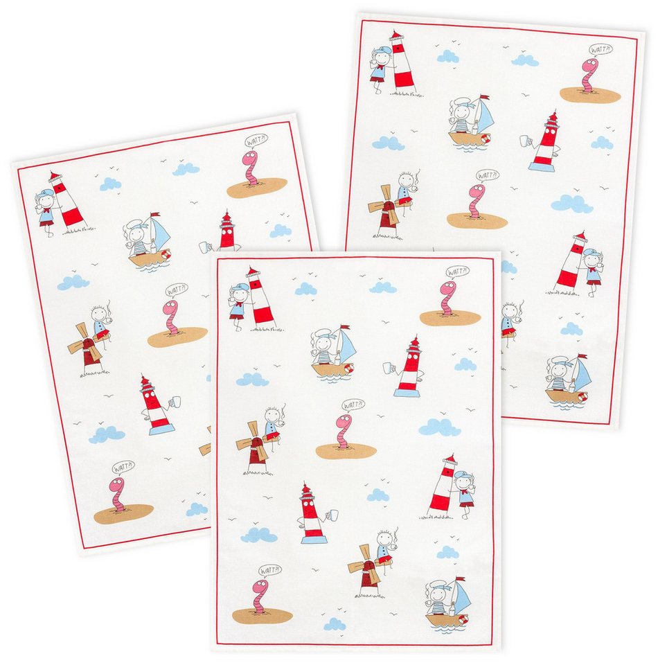 Kracht Geschirrtuch Wattwurm, (3-tlg., 3-teilig), 3er Pack Geschirrtücher (3 Stück), ca. 50 x 70 cm, Halbleinen bedruckt von Kracht