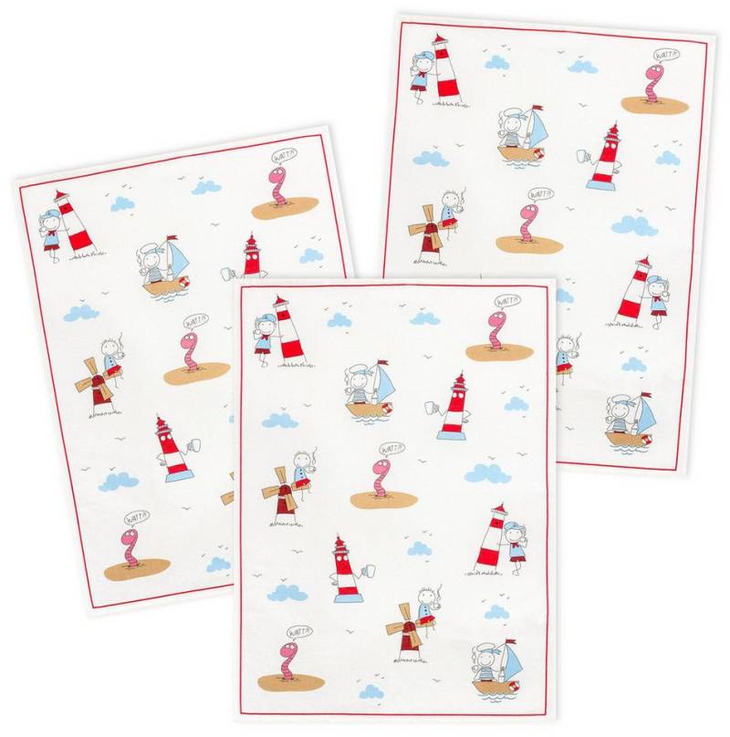 Kracht Geschirrtuch Wattwurm, (3-tlg., 3-teilig), 3er Pack Geschirrtücher (3 Stück), ca. 50 x 70 cm, Halbleinen bedruckt von Kracht