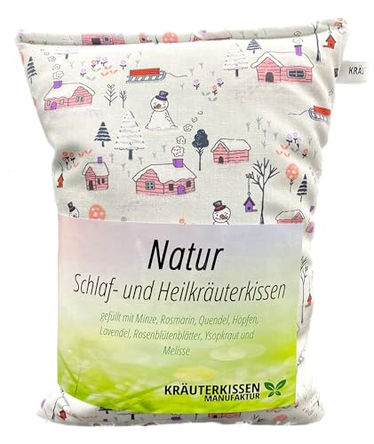 Kräuterkissen, Natur Schlaf- und Heilkräuterkissen,25x20cm, gefüllt mit 8 verschiedenen Heilkräutern,u.a.beruhigende Einschlafhilfe, Design Winter Village von Kräuterkissenmanufaktur