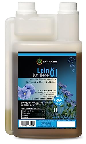 Kräuterland Leinöl für Pferde, Hunde & Katzen 1Liter - Leinsamenöl 100% rein, kaltgepresst, in 1l Dosierflasche - Natives Barf Öl in Premium Qualität Kräuterland Leinöl für Pferde, Hunde & Katzen 1Liter - Leinsamenöl 100% rein, kaltgepresst, in 1l Dosierflasche - Natives Barf Öl in Premium Qualität von KRÄUTERLAND N A T U R - Ö L M Ü H L E