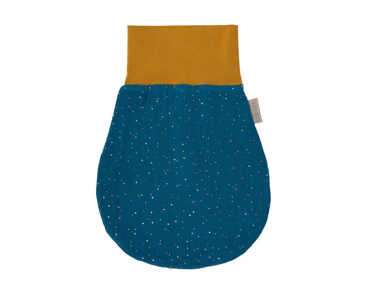 KraftKids Babyschlafsack Musselin goldene Punkte auf Petrol, Herbst/Winter-Variante, 100% Baumwolle, hochwärtiger Stoff, Innen warmer Fleece von KraftKids