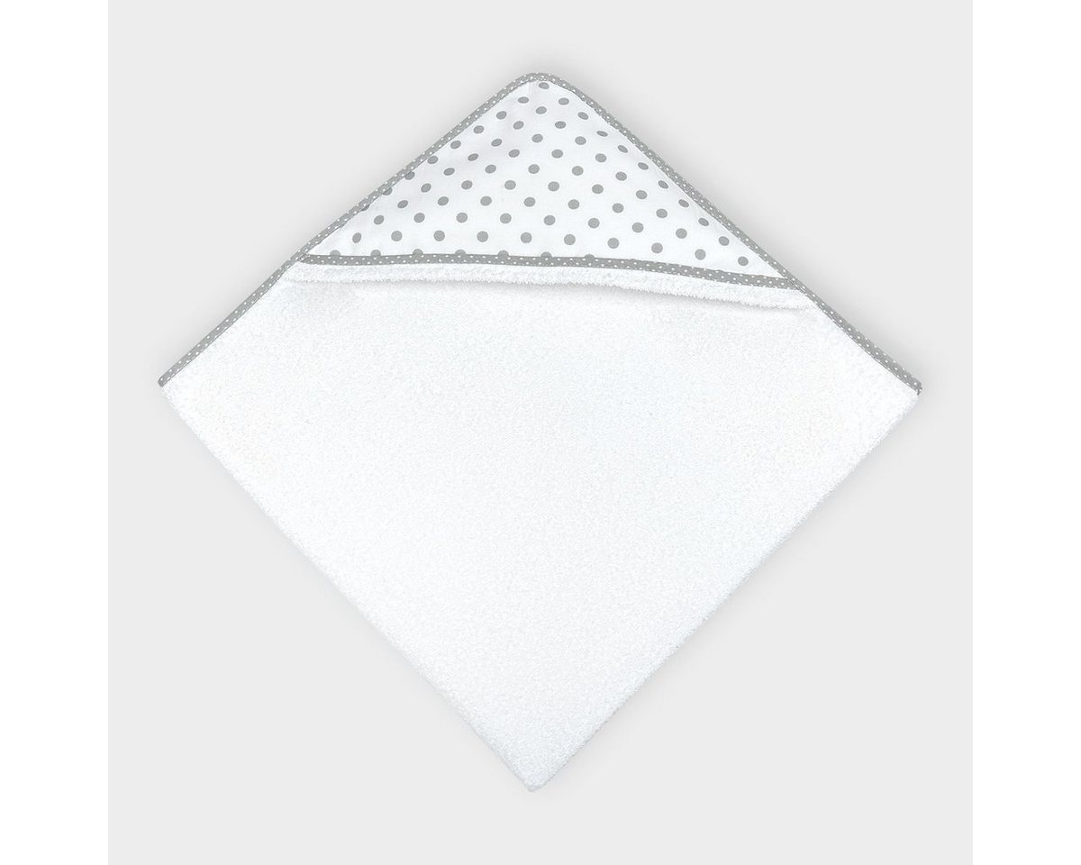 KraftKids Kapuzenhandtuch graue Punkte auf Weiss, 100% Baumwolle, extra dickes und weiches Frottee, eingefasst mit Schrägband von KraftKids