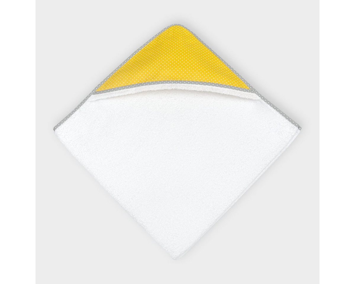 KraftKids Kapuzenhandtuch weiße Punkte auf Gelb, 100% Baumwolle, extra dickes und weiches Frottee, eingefasst mit Schrägband von KraftKids
