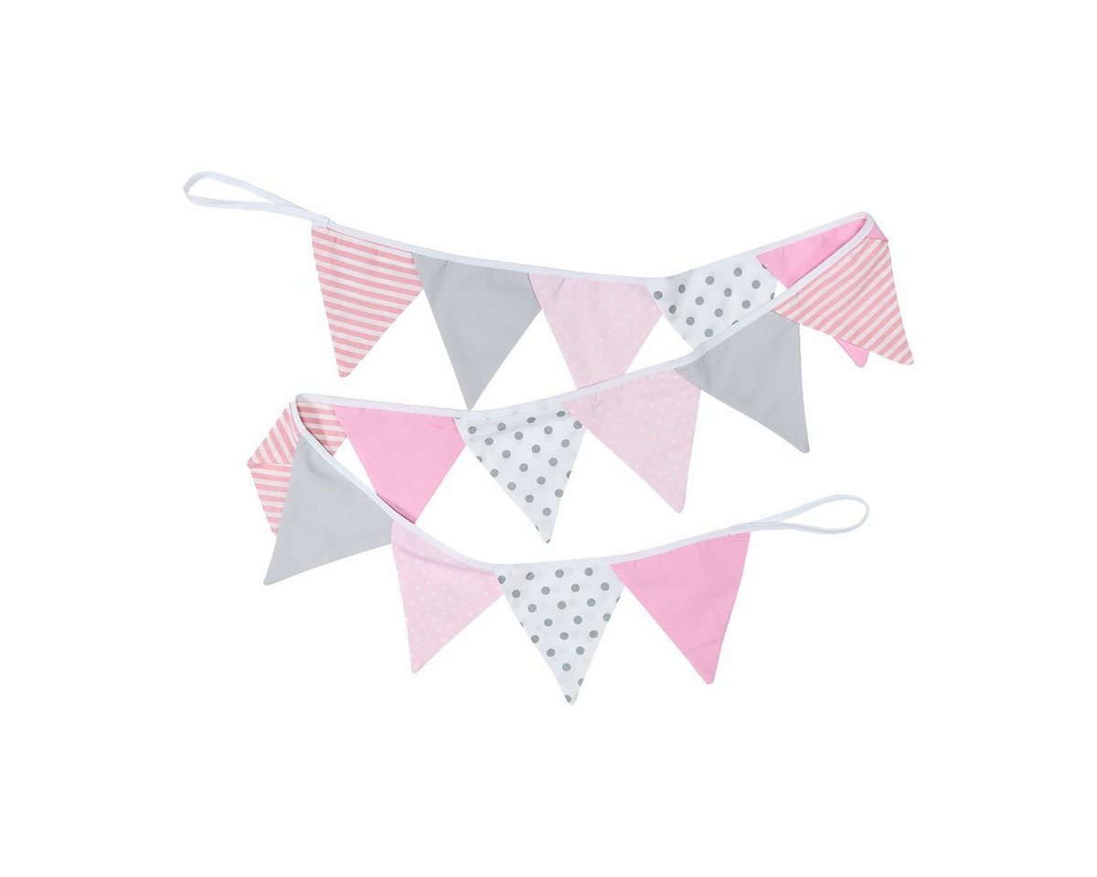 KraftKids Wimpelkette rosa grau weiss, 14 Stoffwimpel aus doppelt gelegtem 100% Baumwollstoff, 2 m lang von KraftKids