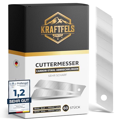 KRAFTFELS 60x Profi Cuttermesser Klingen 18mm - Ersatzklingen Cuttermesser aus hochwertigem Carbonstahl - Klingen Cuttermesser - Ultra scharf & stabil - Abbrechklingen für Cutter Messer – Silber… von KRAFTFELS