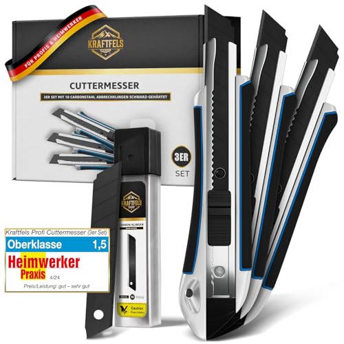 KRAFTFELS Profi 3er Set - Robustes Cuttermesser 18mm inklusive 10 extrem scharfen Cuttermesser Klingen 18mm - Rutschfestes Cutter & Universalmesser Teppichmesser Profi & Heimwerker KRAFTFELS Profi 3er Set - Robustes Cuttermesser 18mm inklusive 10 extrem scharfen Cuttermesser Klingen 18mm - Rutschfestes Cutter & Universalmesser Teppichmesser Profi & Heimwerker von KRAFTFELS