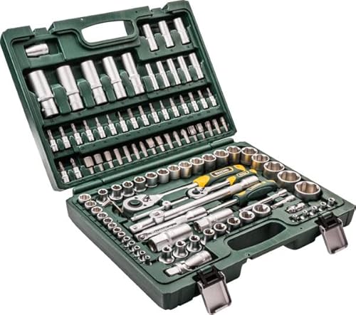 Kraftool Steckschlüssel-Set 1/2+1/4 Zoll - 108tlg, 1/2", 1/4", 5/16" mit Umschaltknarren, Steckgriff, T-Gleitgriff, Steckschlüsseleinsätzen und Biteinsätze von Kraftool