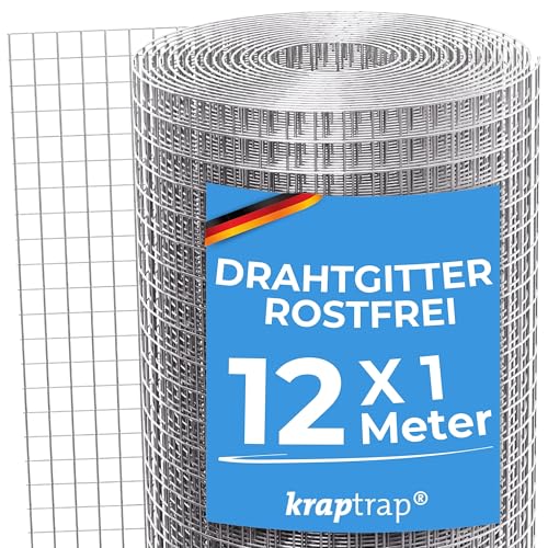KrapTrap Volierendraht Drahtgitter I verzinkt I 12 m x 1 m I 12x12 mm I Stabiler Kaninchendraht I Wühlmausgitter I Vogeldraht von KrapTrap