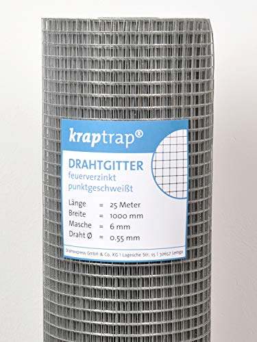 KrapTrap Volierendraht Drahtgitter feinmaschig I verzinkt I 6x6 mm I 25m x 1m I Wühlmausgitter Mäusegitter Nagergitter Hochbeetgitter von KrapTrap