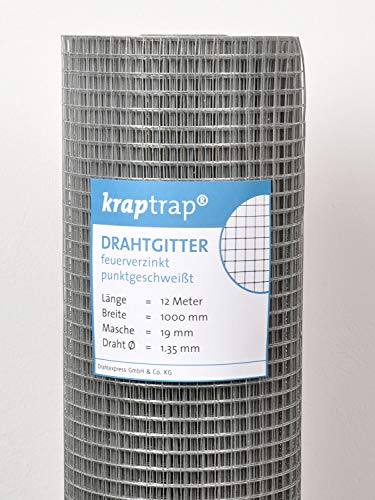 KrapTrap Volierendraht Drahtgitter I 19x19mm I 1m x 12m x 1,45mm I verzinkt I Drahtgitter als Vogeldraht, Hasengitter, Kaninchengitter oder Hühnerdraht von KrapTrap