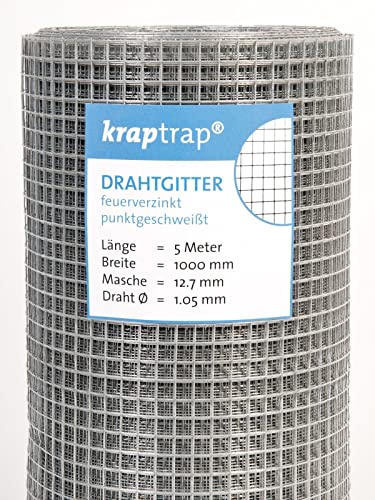 KrapTrap Volierendraht Drahtgitter I verzinkt I 12x12 I stabiler Kaninchendraht I Wühlmausgitter I Kleintierzaun Hasengitter Hühnerdraht (1m x 5m) von KrapTrap