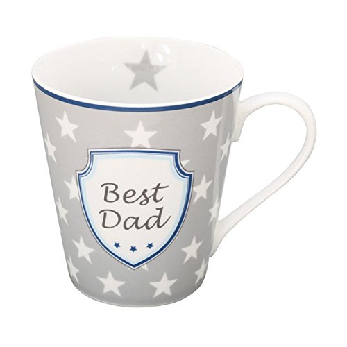 Krasilnikoff HMH49 Becher mit Henkel - Mug - Henkelbecher - Kaffeetasse - Best Dad - hellgrau mit weißen Sternen - Porzellan von Krasilnikoff