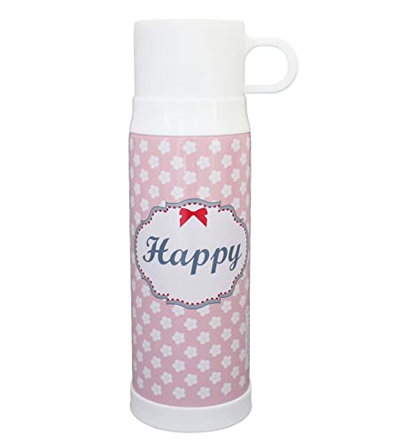 Krasilnikoff Thermoskanne Happy Rosa Blumen 500 ml Isolierflasche mit Becher von Krasilnikoff