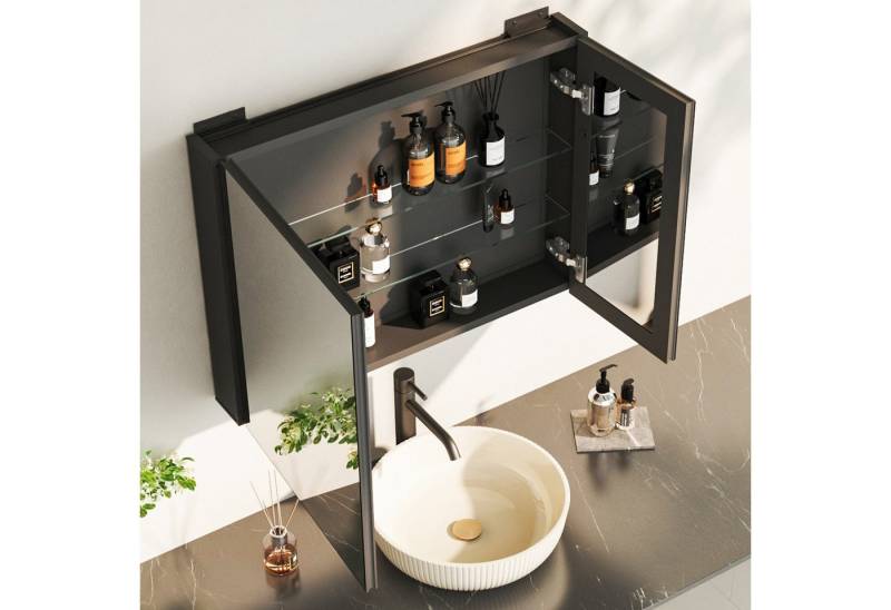 KreaGo Spiegelschrank Schwarz Badezimmerspiegelschrank Aluminium 2 türig (Badschrank Wandschrank, Doppelseitiger Spiegel, Glasböden) 80x12,5x60cm von KreaGo
