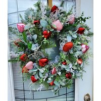 Eleganter Valentinskranz Valentinsgruß Flock Herz Verzierung Grünbirnen-Kranz Rot Rosa Türkranz Winterkranz Valentinstag Dekor von KreatenWreaths