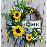 Sonnenblumenkranz Gelbe Und Blaue Sonnenblumen-Bauernhaus-Landhaus-Baumwollkranz-Sonnenblumen-Dekor, Tägliche Sonnenblume Baumwolltürkranz Sonnenblumenkranz Gelbe Und Blaue Sonnenblumen-Bauernhaus-Landhaus-Baumwollkranz-Sonnenblumen-Dekor, Tägliche Sonnenblume Baumwolltürkranz von KreatenWreaths