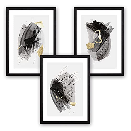 3-teiliges Premium Poster-Set | Kunstdruck | Abstrakt Grau | Deko Bild für Ihre Wand | optional mit Rahmen | Wohnzimmer Schlafzimmer Modern Fine Art | DIN A4 / A3 (A4, schwarzer Rahmen) von Kreative Feder